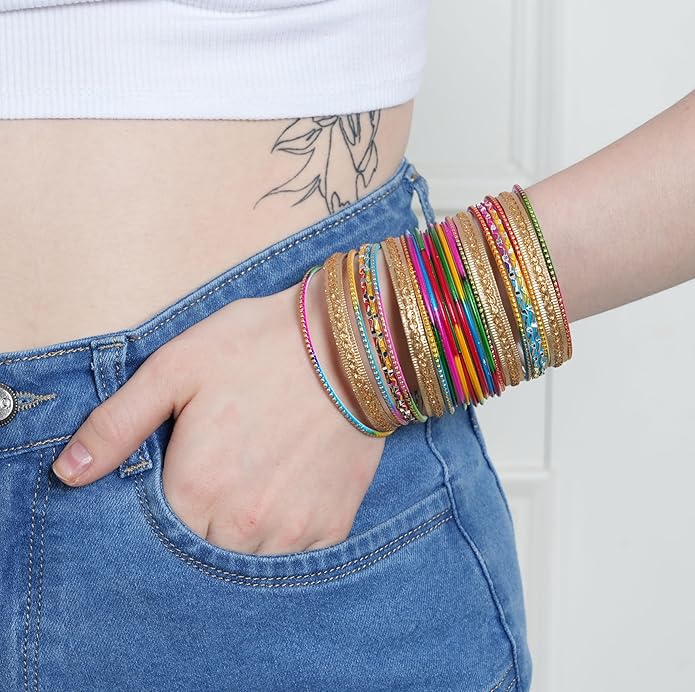 Touchstone Stunning Rainbow Multicolor Bangle Collection. Indian Bollywood Colorful Bangle Bracelet Set of 24 In Antique Gold Tone For Women.