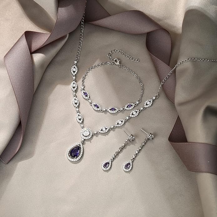 EVER FAITH Bridal Jewelry Set for Women, Stunning Teardrop Cubic Zirconia Birthstone Necklace Bracelet Earrings Sets Gift for Mothers Day/Valentines/Birthday/Christmas