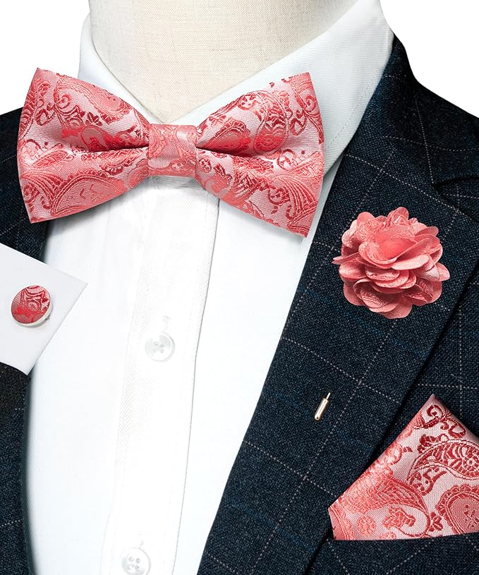 JEMYGINS Paisley Pre-tied Bow Tie and Pocket Square Cufflinks Lapel Pin Sets for Men 4PCS