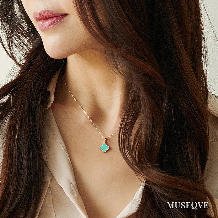 MUSEQVE Four Leaf Clover Necklace for Women Dainty Mother of Pearl White Black Onyx Pink Blue Mint Green Crystal Lucky Clover Pendant 14K Gold Plated Jewelry Gifts [CVRN]