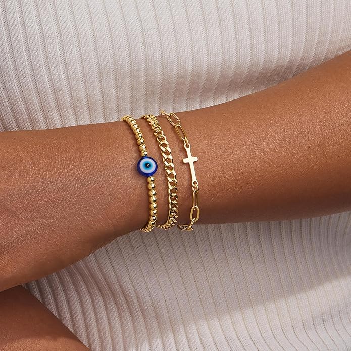 Gold Bracelets for Women Non Tainish,Dainty Bracelets Stack for Women Trendy, Gold Plated Cuff Bracelets Stack With Beaded Cuban Paperclip Snake Rope Bangle Hand Chain Jewelry Gifts for Women