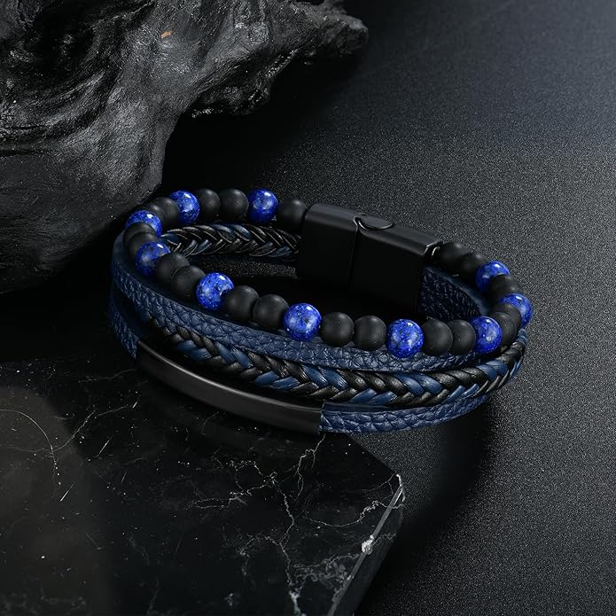 Mens Tiger Eye Matee Black Onyx Lava Rock Volcanic Stone Beaded Bracelet, Black Braided Leather Bracelet for Men