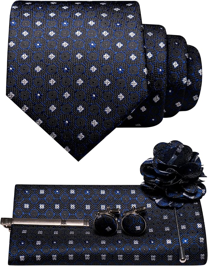 JEMYGINS Mens Tie and Lapel Pin Necktie Pocket Square Cufflinks and Tie Clip Sets for Business Casual 5PCS