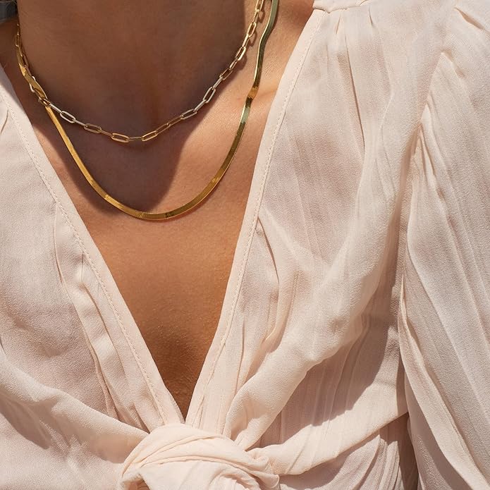 CHESKY 14K Gold/Silver Plated Snake Chain Necklace Herringbone Necklace Gold Choker Necklaces for Women Gifts Jewelry 1.5/3/5MM(W) 14"/16"(L)