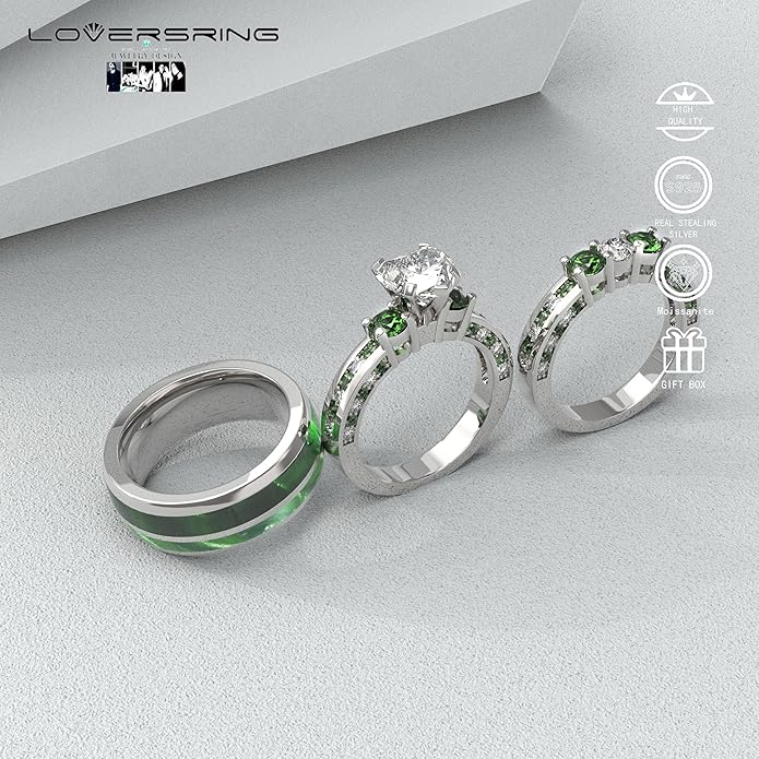 TWO RINGS Wedding Ring Sets His And Hers Promise Ring Couples Bridal Sets Women 925 Sterling Silver square Cz Man Stainless Steel Brushed Finished Wedding Bands