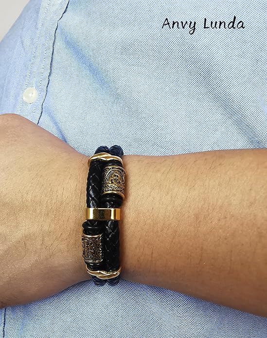 Viking Compass Celtic Knot Bracelet, Mens 14K Gold Plated Black Braided Leather Cuff, 316L Stainless Steel Jewelry for Women Friend Father Husband Son