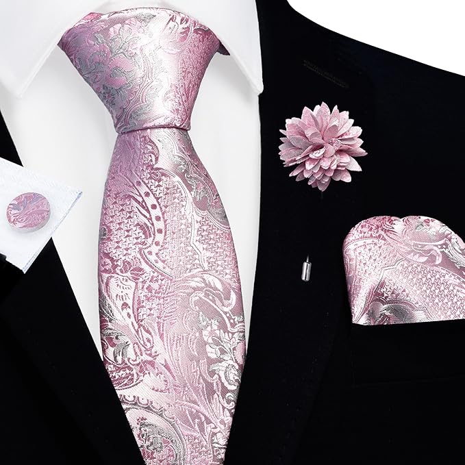GUSLESON 8cm Paisley Tie Set for Men Necktie Lapel Pin Pocket Square Cufflinks Set for Men