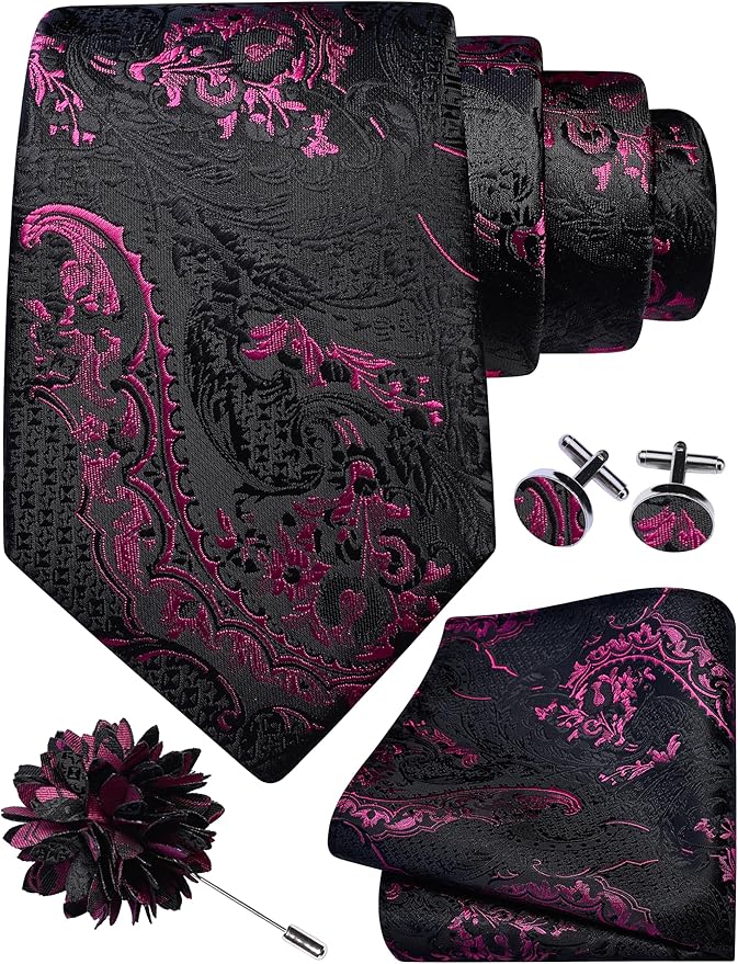 GUSLESON 8cm Paisley Tie Set for Men Necktie Lapel Pin Pocket Square Cufflinks Set for Men