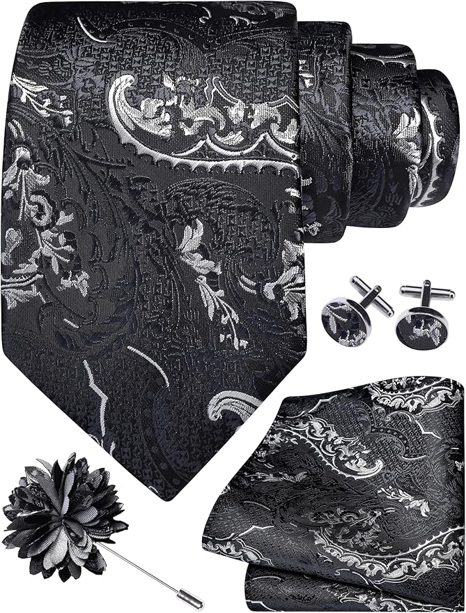 GUSLESON 8cm Paisley Tie Set for Men Necktie Lapel Pin Pocket Square Cufflinks Set for Men