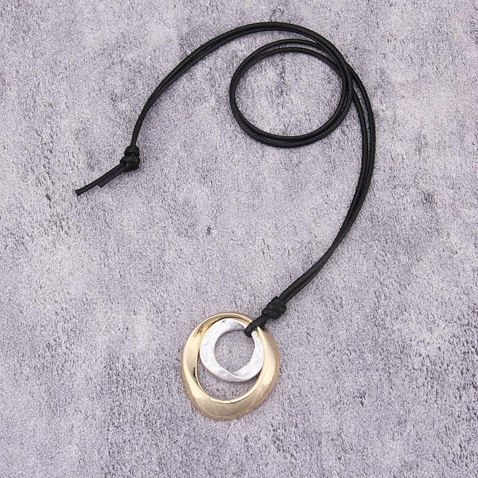 Long Boho Necklaces for Women Vintage Leather Wooden Pendant Y Choker Ethnic Style Gold Circle Hippie Sweater Necklace