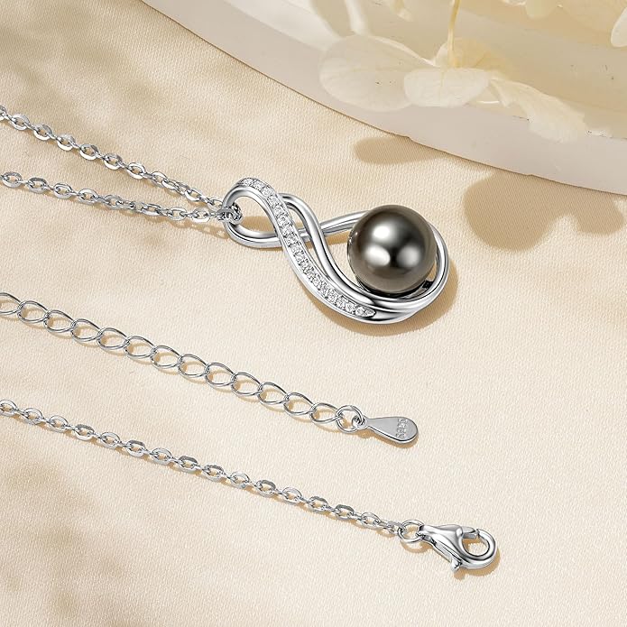 Tahitian Black Pearl Necklaces for Women, Sterling Silver Single Pearl Pendant Necklace Birthday Anniversary Jewelry Gifts for Wife Mom