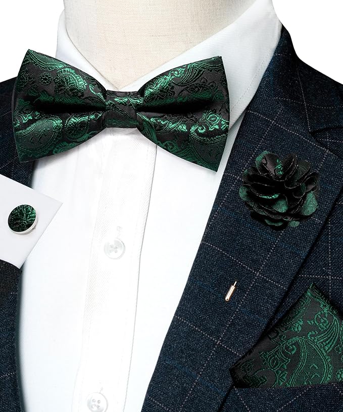 JEMYGINS Paisley Pre-tied Bow Tie and Pocket Square Cufflinks Lapel Pin Sets for Men 4PCS