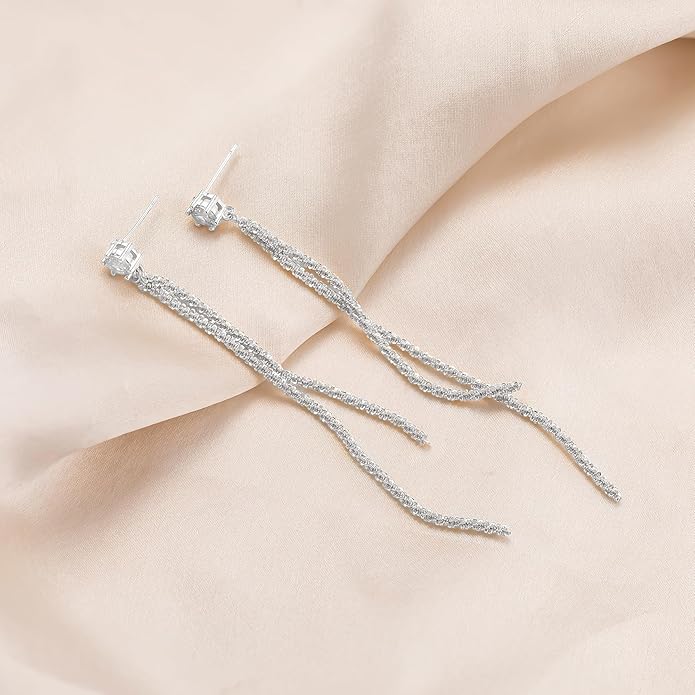 Moodear Dangle Earrings 14K Gold Plated Chain Earrings for Women Trendy Dainty Hypoallergenic Long Chain Drop Tassel CZ/Pearl Earrings Wedding Jewelry Gift