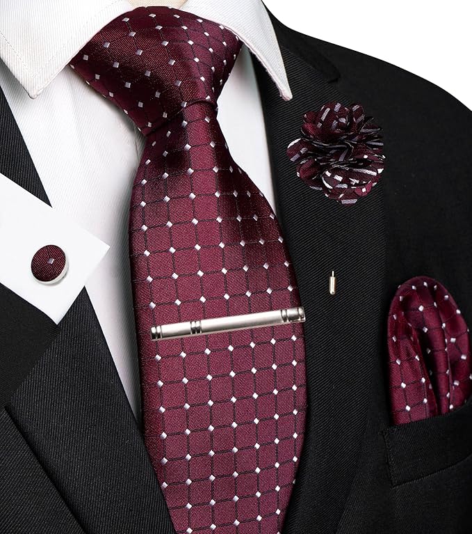 JEMYGINS Mens Tie and Lapel Pin Necktie Pocket Square Cufflinks and Tie Clip Sets for Business Casual 5PCS
