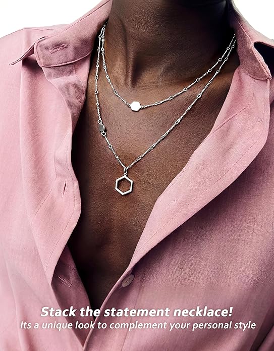 UBGICIG Honeycomb Layered Pendant Necklaces for Women Stackable, Dainty Y-Shaped Lariat Paperclip Pearl Heart Necklace, 16K Gold Silver Plated Long Necklaces Women's Trendy Drop Chain Necklace Jewelry