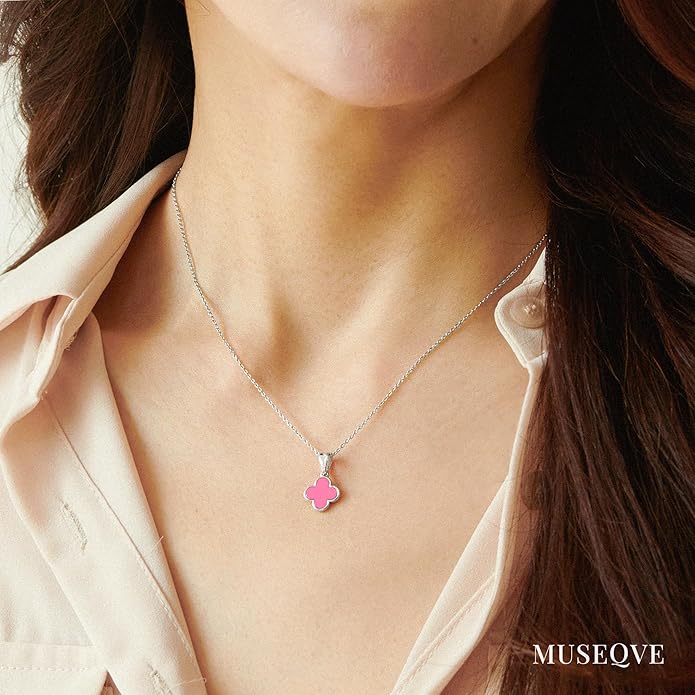 MUSEQVE Four Leaf Clover Necklace for Women Dainty Mother of Pearl White Black Onyx Pink Blue Mint Green Crystal Lucky Clover Pendant 14K Gold Plated Jewelry Gifts [CVRN]