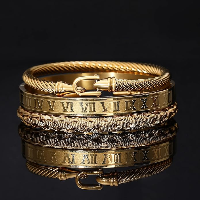 WFYOU 3PCS Stainless Steel Bracelets for Men Gold Roman Numeral Bangle Bracelet Twisted Cable Bracelet Adjustable Cuff Bracelet Mens Luxury Jewelry Bracelets Gifts