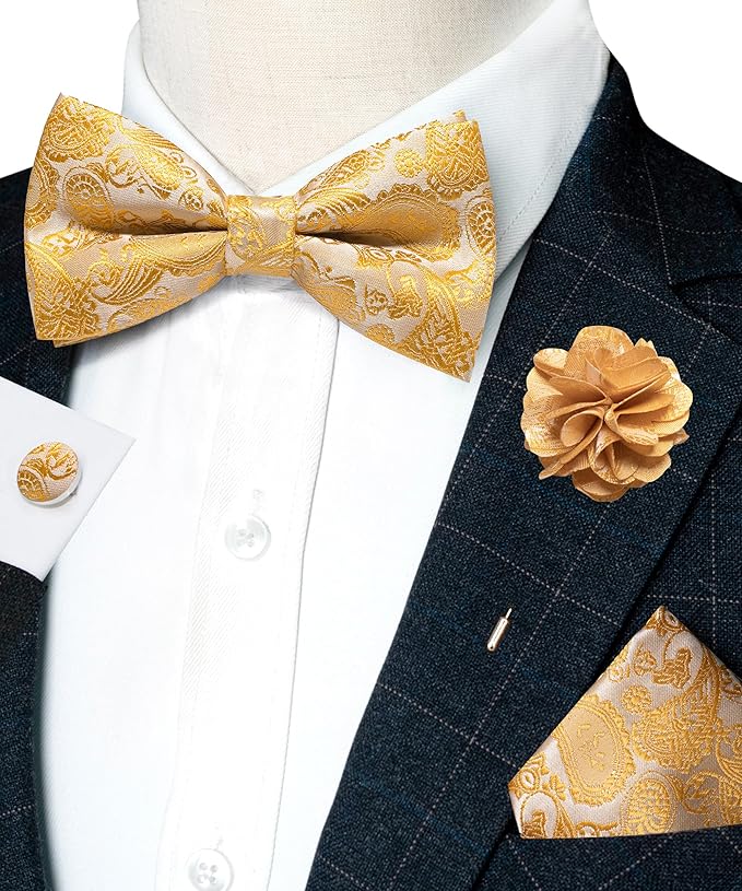 JEMYGINS Paisley Pre-tied Bow Tie and Pocket Square Cufflinks Lapel Pin Sets for Men 4PCS