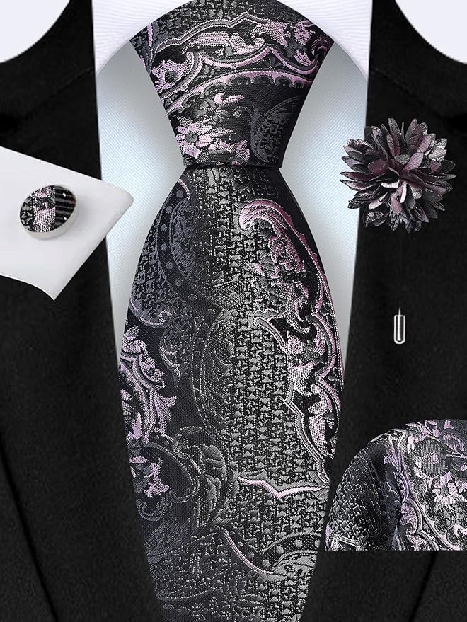 GUSLESON 8cm Paisley Tie Set for Men Necktie Lapel Pin Pocket Square Cufflinks Set for Men