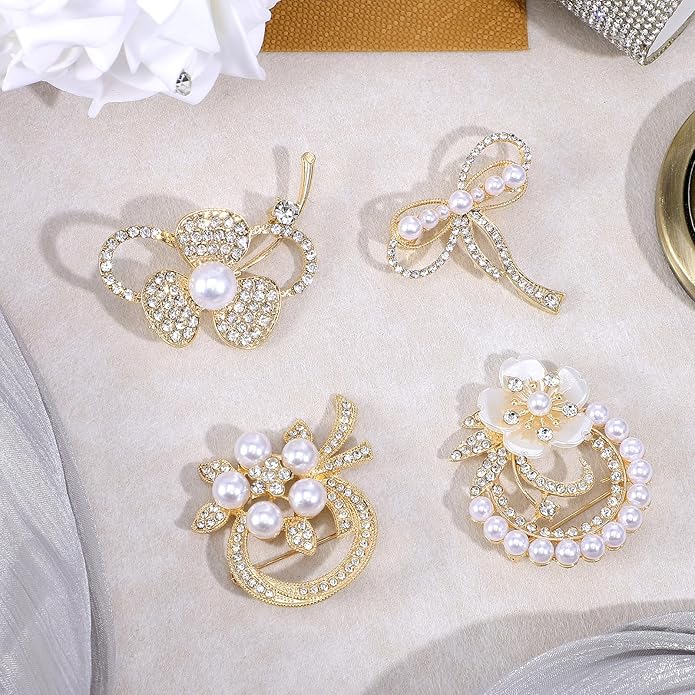4pcs Brooches and Pins for Women, Flower Brooch, Crystal Pearl Brooch, for Women Fashion Accessories