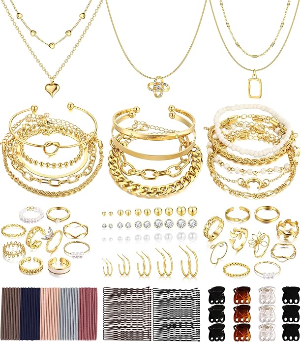 FAXHION 68 Pcs Gold Jewelry Set for Women with 7 Necklace, 17 Bracelet, 5 Hoop Earrings, 15 Stud Earrings, 24 Knuckle Rings for Women Jewelry Set for Women