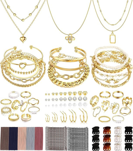 FAXHION 68 Pcs Gold Jewelry Set for Women with 7 Necklace, 17 Bracelet, 5 Hoop Earrings, 15 Stud Earrings, 24 Knuckle Rings for Women Jewelry Set for Women