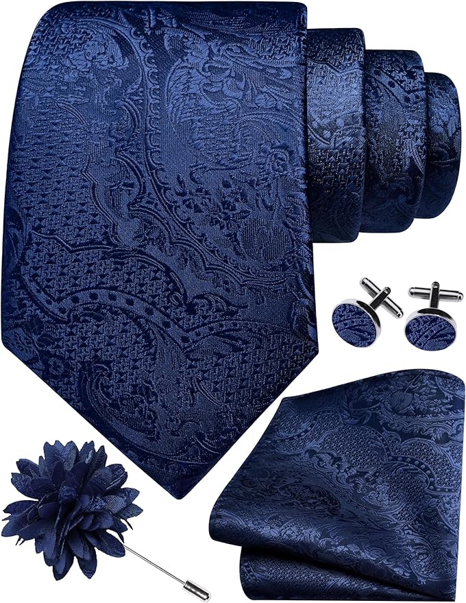 GUSLESON 8cm Paisley Tie Set for Men Necktie Lapel Pin Pocket Square Cufflinks Set for Men