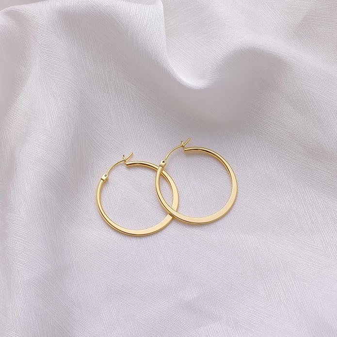 Gacimy Flattened 14K Gold Plated Hoop Earrings for Women, 14K Real Gold Plated Hoops with 925 Sterling Silver Post,Hypoallergenic Lightweight Earring