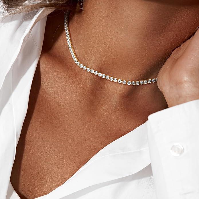 Tennis Necklace for Women, 14K Gold/Silver Plated Rhinestone Choker Necklaces for Women, Dainty Cubic Zirconia Cut Faux Diamond Chain