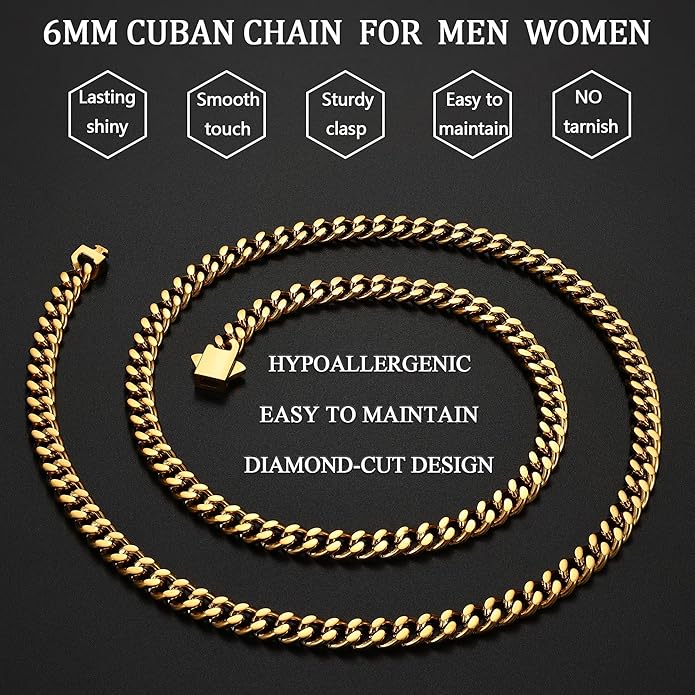 Fiusem Valentines Day Gifts for Him Silver Tone/Black/14K Gold Plated Chain Necklace for Men, 5mm/6mm/7.5mm/8mm/9mm Stainless Steel Cuban Link Chain Necklace, Men's Chains 18-28 Inch Jewelry Gifts