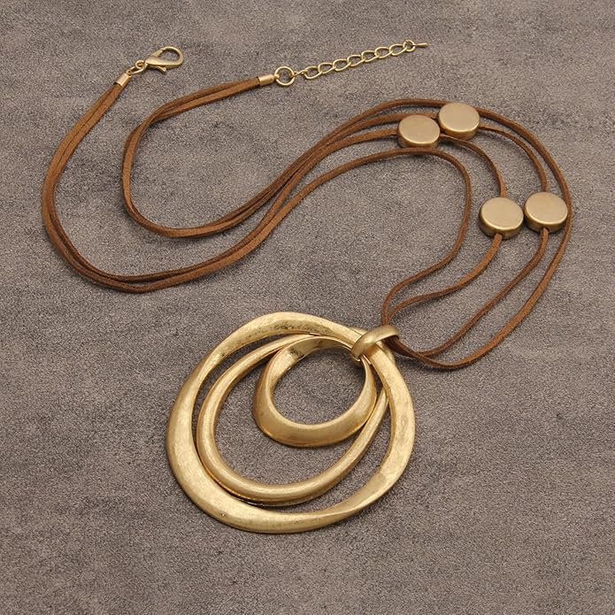 Boho Necklaces for Women Chunky Circle Necklace Layered Boho Circle Leather Choker Necklace Long Vintage Necklaces Bohemian Jewlery Gifts