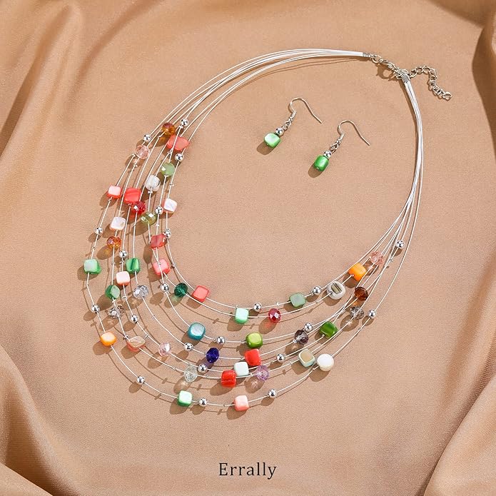 Multi-Layer Boho Shell Beaded Necklace for Women Colorful Crystal Strand with Silver Beads Statement Collars Necklace and Earrings Costumes Jewelry Sets for Women