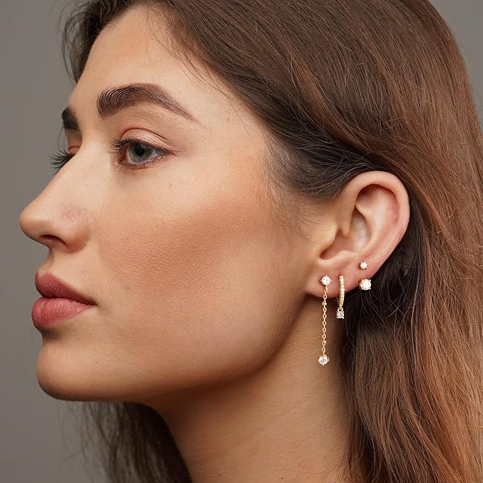 3 Pairs Earrings Set for Multiple Piercings, Gold Plated Studs Hoop Earrings Stack, CZ Dangle Earrings Set, Hypoallergenic for Sensitive Ears, Women's Gift