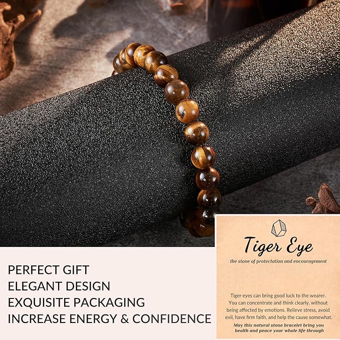 Seyaa Tiger Eye Bracelet, Men Women Stretch Bracelet, Bead Stone Bracelet Valentines Gift for Unisex