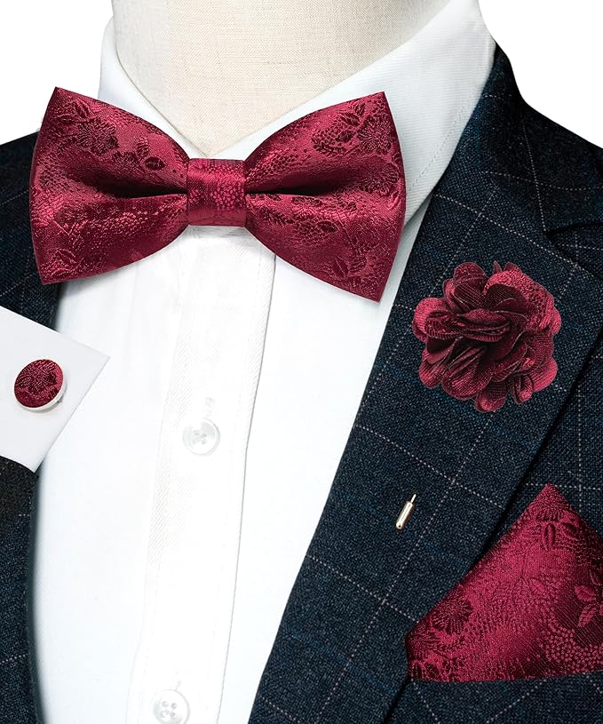JEMYGINS Floral Pre-tied Bow Tie and Pocket Square Cufflinks Lapel Pin Sets for Men 4PCS