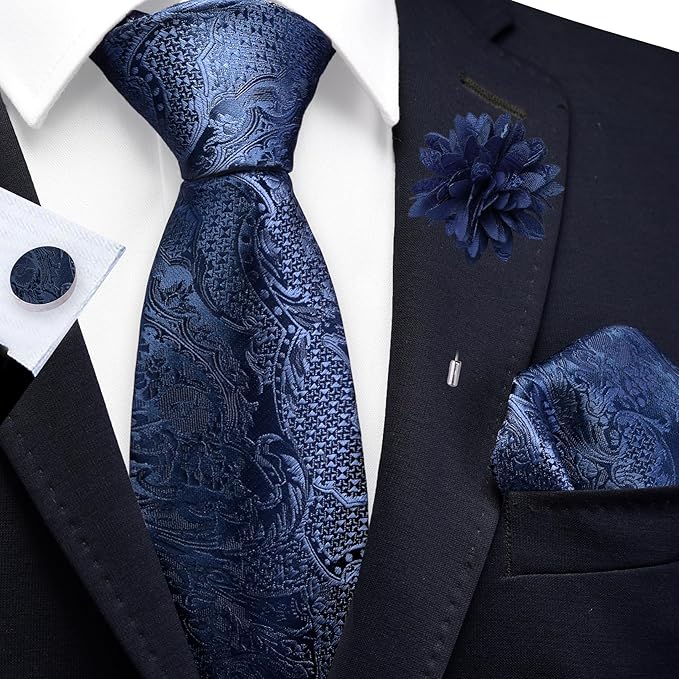 GUSLESON 8cm Paisley Tie Set for Men Necktie Lapel Pin Pocket Square Cufflinks Set for Men