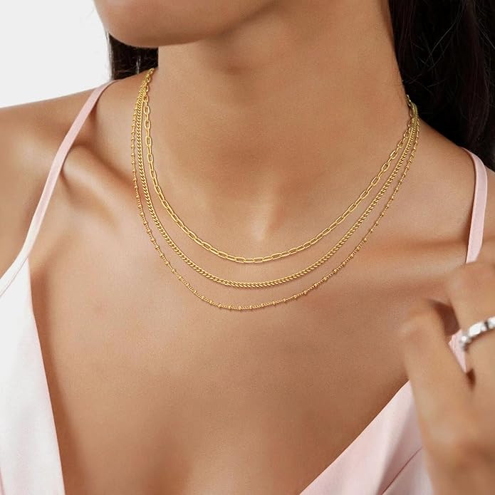 Gold/Silver Necklaces Stack For Women, 14K Gold/Sterling Silver Plated Layered Choker Necklace Set, Stackable Multilayer Simple Cuban Snake Paperclip Chain Set Jewelry Gift for Women
