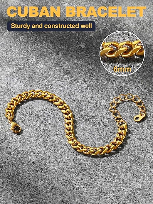 U7 Link Bracelets for Men, Cuban Link/Rope/Watch Band Solid Bracelet, Silver Black Gold Color Wrist Bracelet 3/6/9/12/15mm Width, 6.5/7.5/8.3 Inch Length, Hand Chain Jewelry for Mens Women