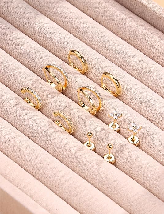 Florideco 925 Sterling Silver Earrings for Women Trendy Hypoallergenic Small Gold Hoop Earrings 14K Gold Plated Stud Earring Sets for Multiple Piercing CZ Ear Cuff Cartilage Earring Stacks