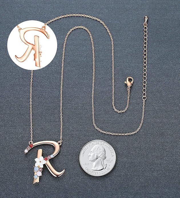 Flower Initial Letter Necklace Pink Red Blue Simulated Pearl Pendant Name Jewelry Made with Austrian Crystals Rose Gold Plated Anniversary Birthday Gifts for Women,18"+2"