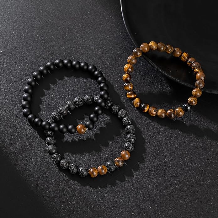 RANKEEF Mens Bead Bracelet Set - Adjustable Elastic Rope With 6&8MM Natural Stone Multi-Colored Beads - Tiger Eye Bracelets for Men - Gift