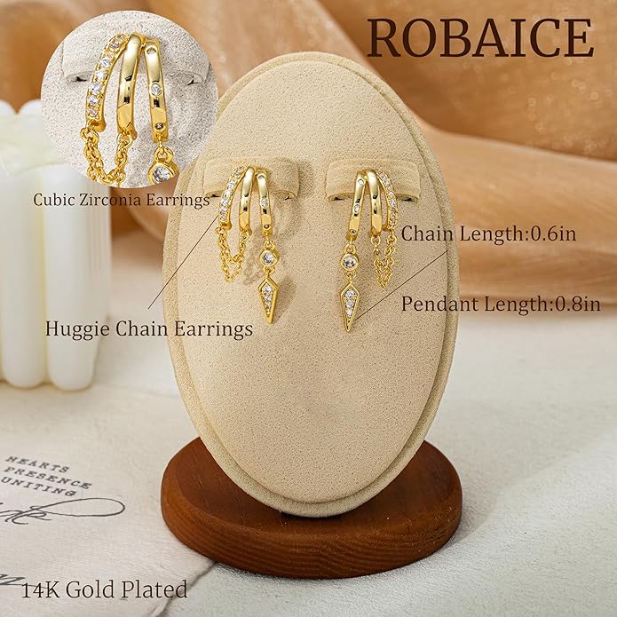 Dangle Earrings for Women,14k Gold Plated Triple Huggie Stud Earrings Dainty Drop Earrings for Women Trendy Gold Statement CZ Long Chain Earrings Non Tarnish Jewelry
