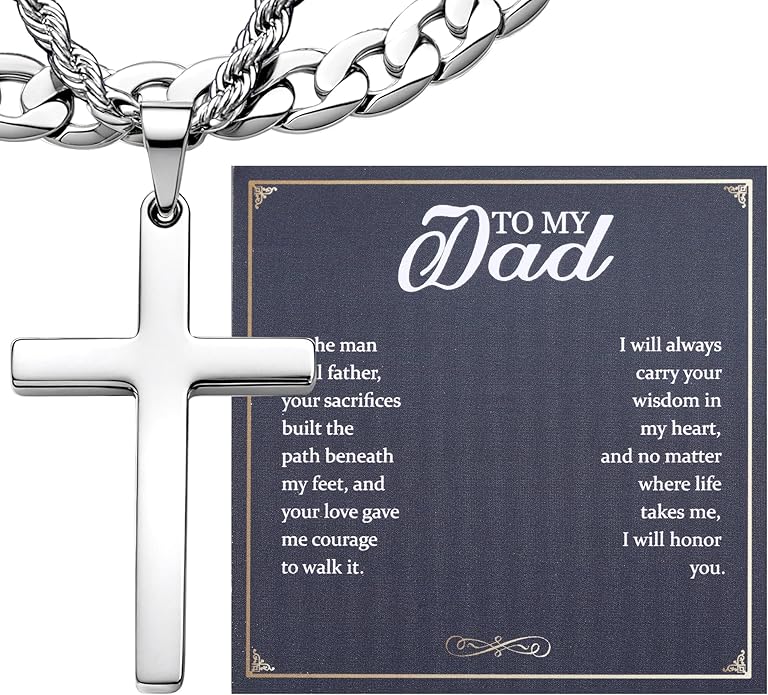 TEN MIRO Silver/Black Cross Necklace for Men Boy Stainless Steel Cross Pendant Necklace for Men Christian Religious Jewelry with Box & Card Birthday Anniversary Christmas Father's Day Gifts for Him