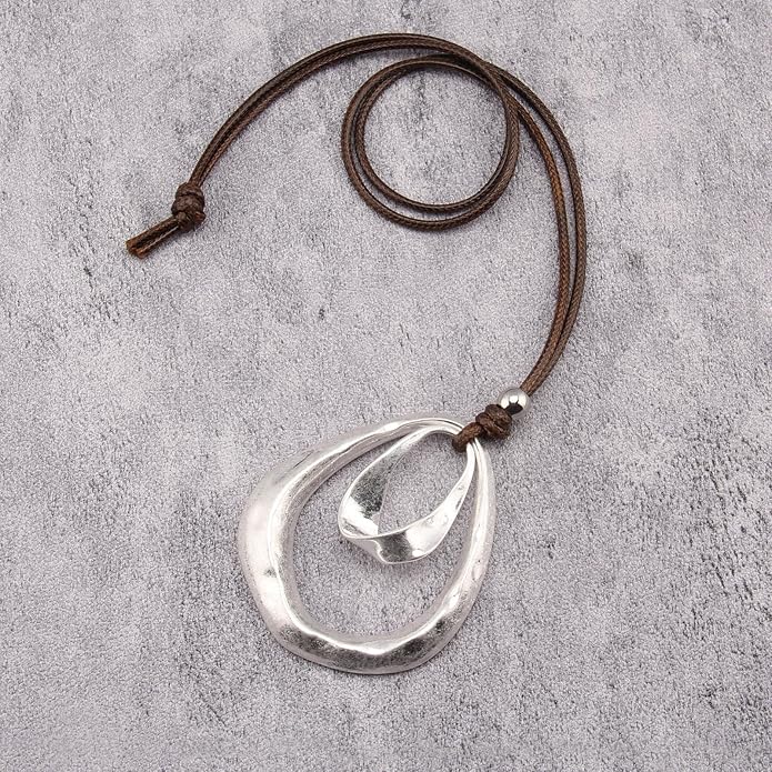 Long Boho Necklaces for Women Vintage Leather Wooden Pendant Y Choker Ethnic Style Gold Circle Hippie Sweater Necklace