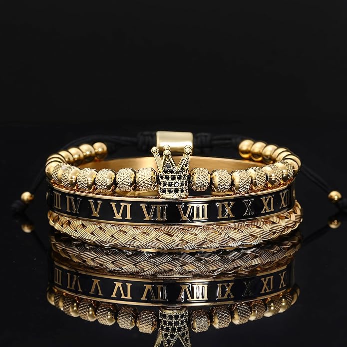 WFYOU 3PCS Stainless Steel Bracelets for Men Gold Roman Numeral Bangle Bracelet Twisted Cable Bracelet Adjustable Cuff Bracelet Mens Luxury Jewelry Bracelets Gifts
