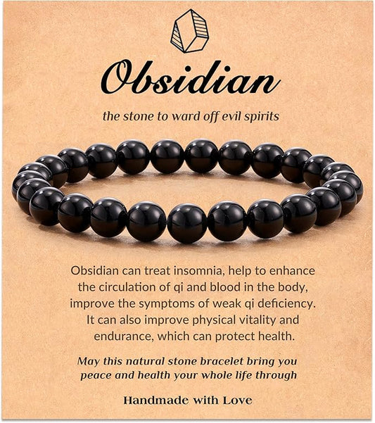 Seyaa Obsidian Bracelet, Mens Bracelet, Natural Black Obsidian Beaded Stretch Bracelets for Men Women