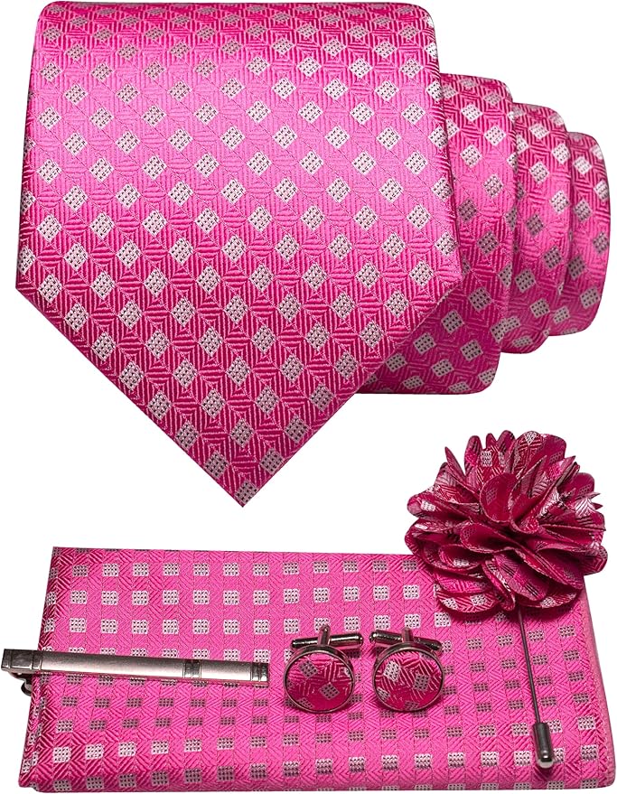JEMYGINS Mens Tie and Pocket Square,Lapel Pin,Cufflinks,Tie Clip Sets with Gift Box 5PCS