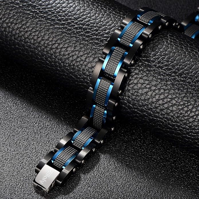 Men's Stainless Steel Two-Tone Square Link diamond Bracelet in Black & Blue Ion-Plated Black