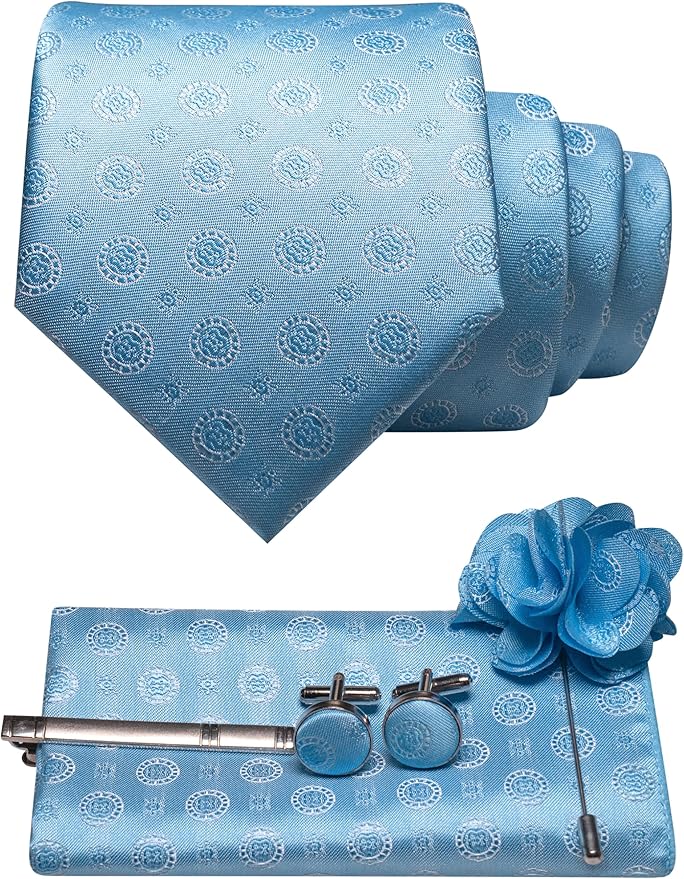JEMYGINS Mens Tie and Lapel Pin Necktie Pocket Square Cufflinks and Tie Clip Sets for Business Casual 5PCS