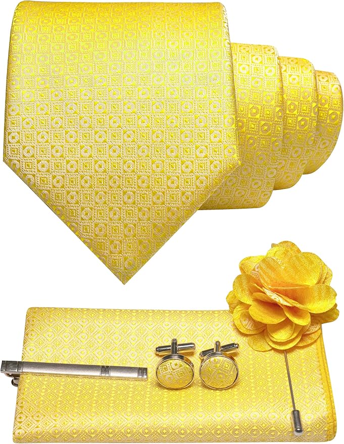 JEMYGINS Mens Tie and Pocket Square,Lapel Pin,Cufflinks,Tie Clip Sets with Gift Box 5PCS